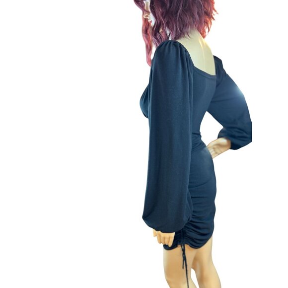 (6 for $25) Lantern Sleeve Ruched Mini Dress in Black Size Small - Picture 10 of 11